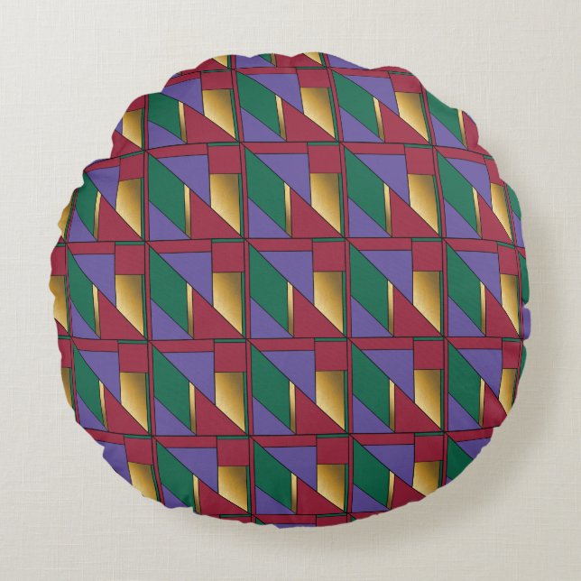 Geometric Pattern Gold Purple Green Red Round Cushion (Front)