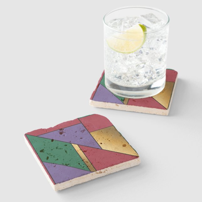 Geometric Pattern Gold Purple Green Red Stone Coaster (Side)