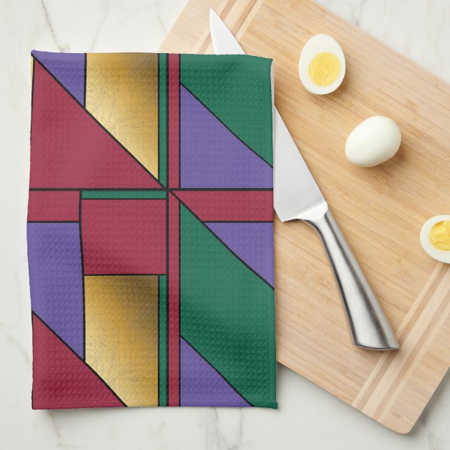 Geometric Pattern Gold Purple Green Red Tea Towel (Quarter Fold)