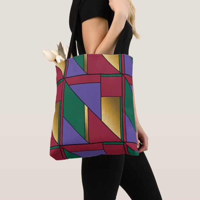 Geometric Pattern Gold Purple Green Red Tote Bag (Close Up)