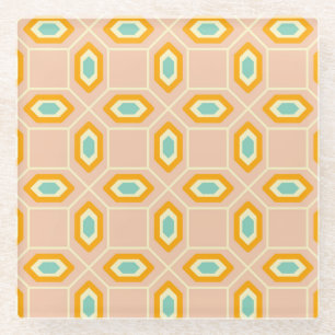 Geometric pattern in blue and orange diamond shape glass coaster