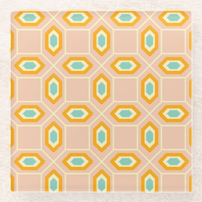 Geometric pattern in blue and orange diamond shape glass coaster (Front)