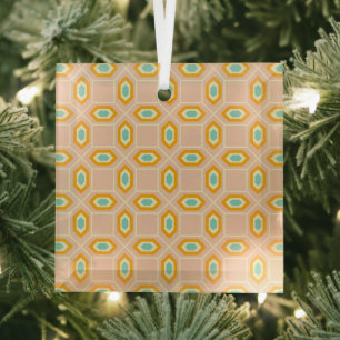 Geometric pattern in blue and orange diamond shape glass tree decoration
