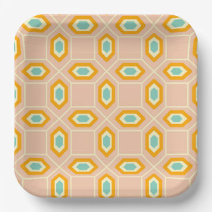 Geometric pattern in blue and orange diamond shape paper plate