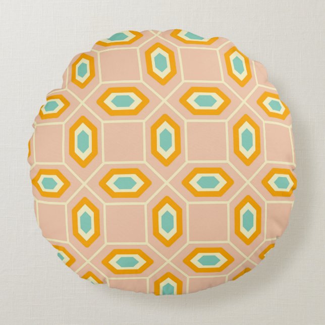 Geometric pattern in blue and orange diamond shape round cushion (Front)