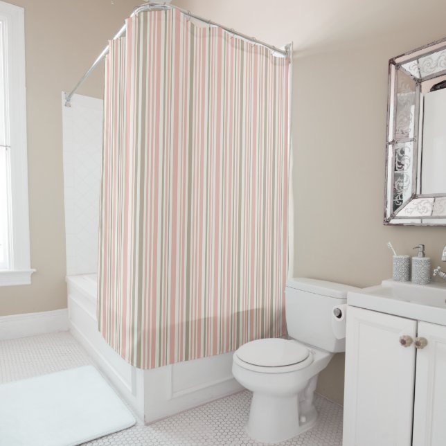 Geometric pattern of pink and brown lines shower curtain (In Situ)