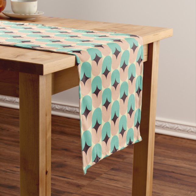 Geometric pattern of teal, beige, and black shapes short table runner (In Situ)