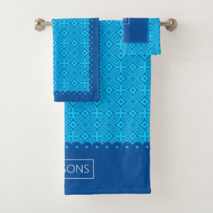 Geometric pattern, scalloped borders aqua blue bath towel set