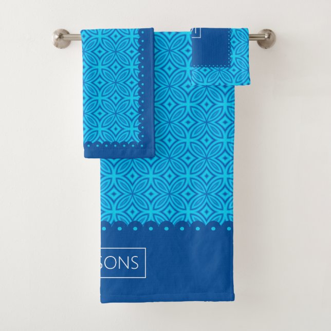 Geometric pattern, scalloped borders aqua blue bath towel set (Insitu)