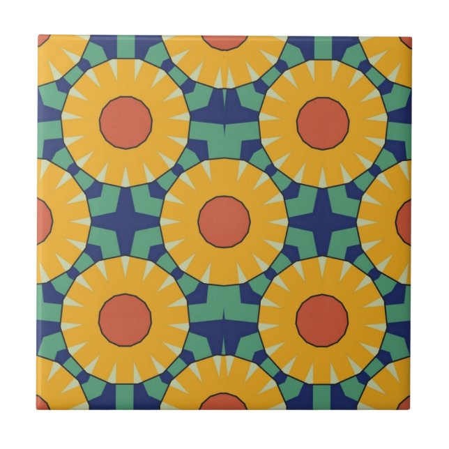 Geometric Pattern Shades of Orange on Green & Blue Tile (Front)