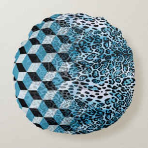 Geometric pattern with leopard skin, leopard patte round cushion