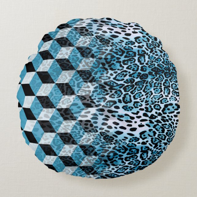 Geometric pattern with leopard skin, leopard patte round cushion (Front)