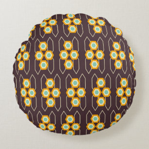 Geometric pattern with orange and blue hexagons round cushion