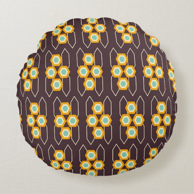 Geometric pattern with orange and blue hexagons round cushion (Front)