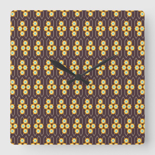 Geometric pattern with orange and blue hexagons square wall clock (Front)