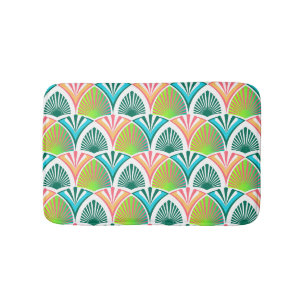 Geometric pattern with palm leaves and flowers bath mat