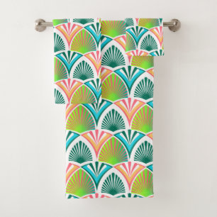 Geometric pattern with palm leaves and flowers bath towel set