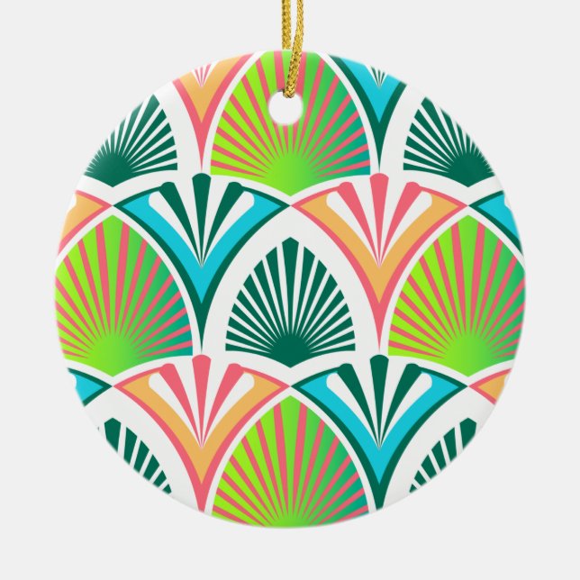Geometric pattern with palm leaves and flowers ceramic tree decoration (Front)