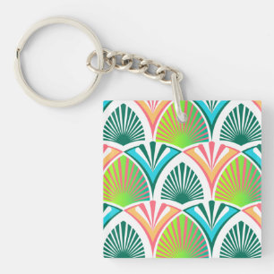 Geometric pattern with palm leaves and flowers key ring