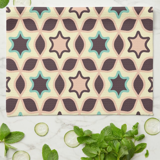  Geometric pattern with star shapes in brown and t Tea Towel (Folded)