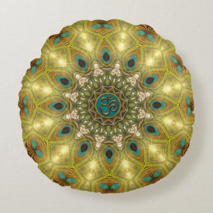Geometric Peacock Feather Mandala Om Symbol Spirit Round Cushion
