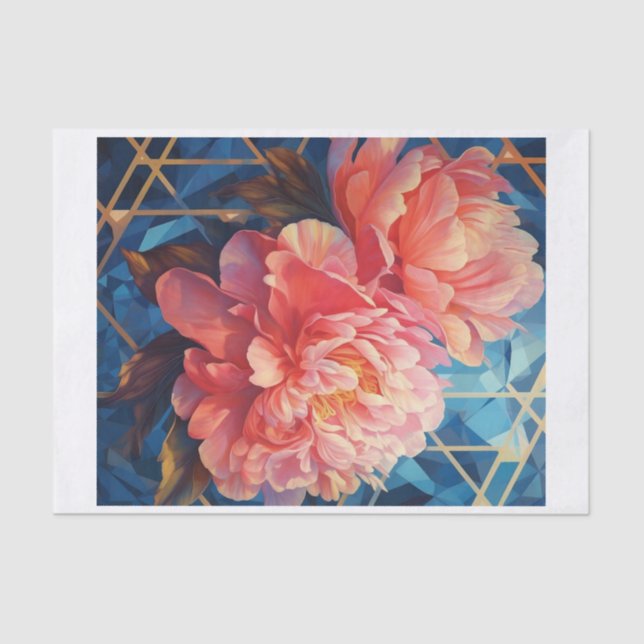 Geometric Peony Art for Decoupage Blue Background Tissue Paper (Front)