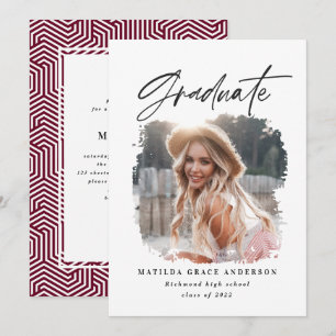 Geometric photo burgundy graduation party invite