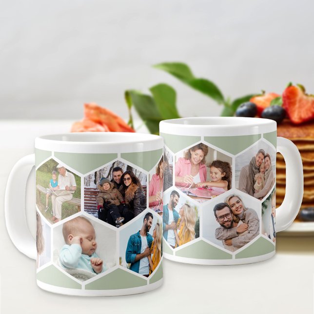 Geometric Photo Collage 9 Picture Sage Green Large Coffee Mug (Jumbo photo mug with 9 of your favorite pics and sage green hexagon honeycomb pattern)