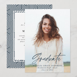Geometric photo navy blue graduation party invite