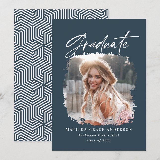 Geometric photo navy blue script graduation announcement (Front/Back)