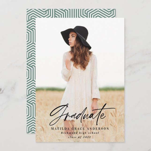 Geometric photo sage green graduation party invite (Front/Back)