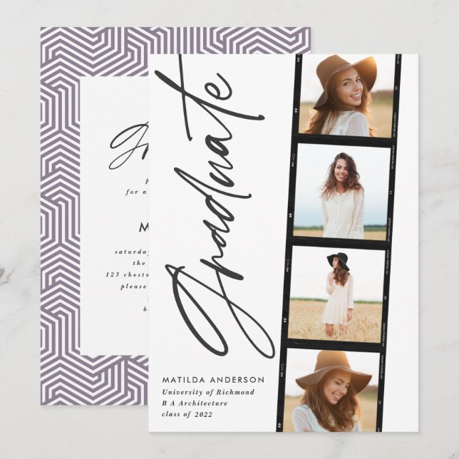 Geometric photo typography purple graduation announcement (Front/Back)