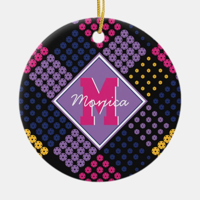 Geometric pickleball pattern, with name ceramic tree decoration (Front)