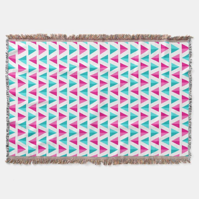 Geometric Pink & Aqua Blue Triangles Pattern Throw Blanket (Front)