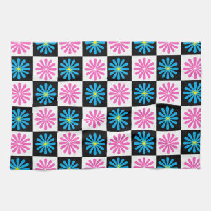 Geometric Pink Blue Floral Pattern Tea Towel