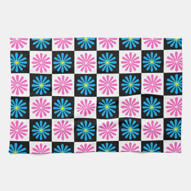Geometric Pink Blue Floral Pattern   Tea Towel (Horizontal)