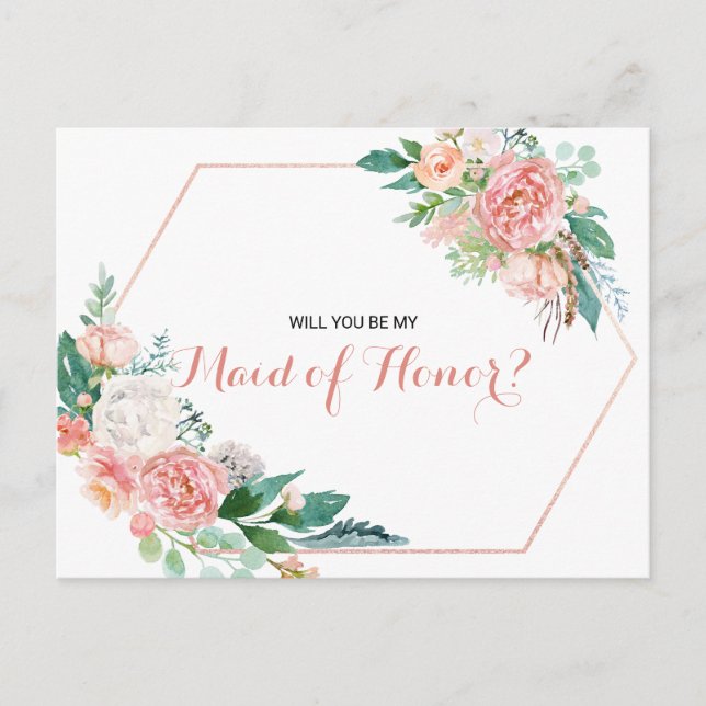 Geometric Pink Blush Spring Floral Maid of Honour Invitation Postcard (Front)
