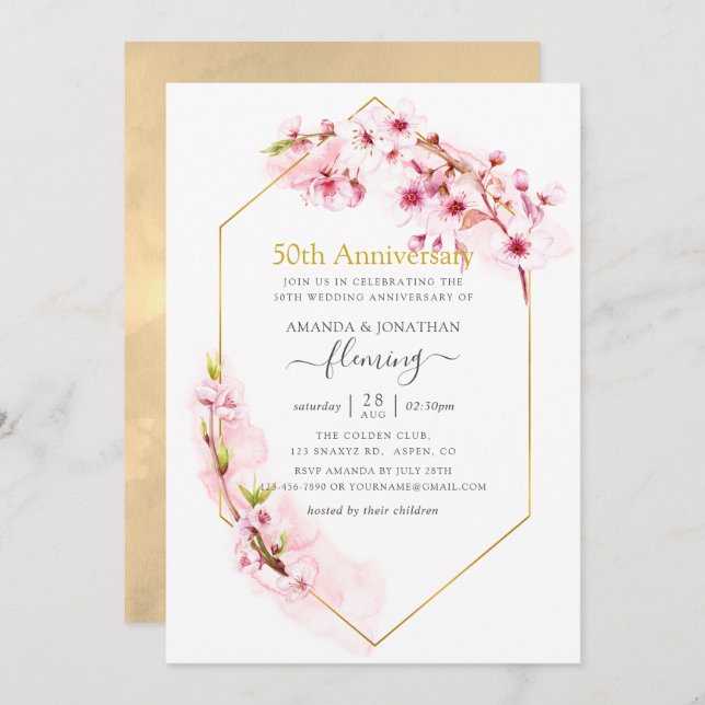 Geometric Pink Cherry Blossom 50th Anniversary Invitation (Front/Back)