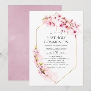 Geometric Pink Cherry Blossom First Communion Invitation