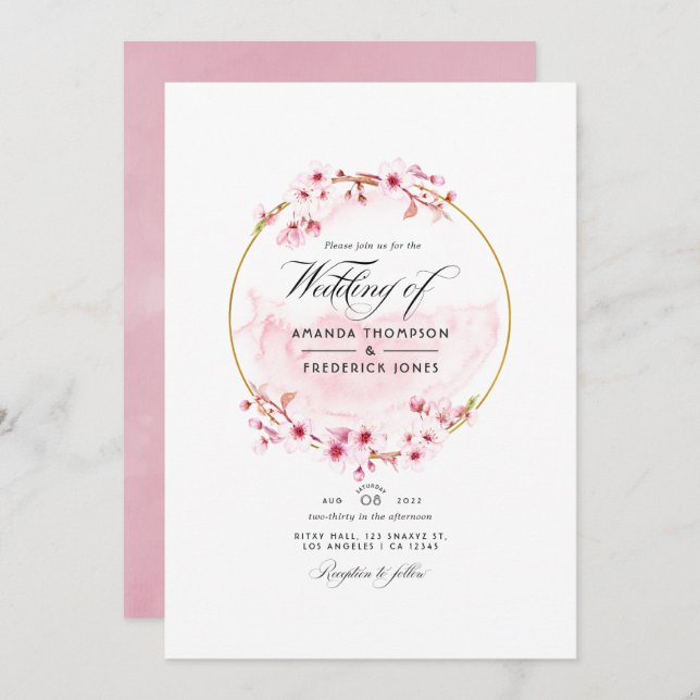 Geometric Pink Cherry Blossom QR Code RSVP Wedding Invitation (Front/Back)