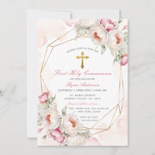 Geometric Pink Floral First Holy Communion Invitation (Front)