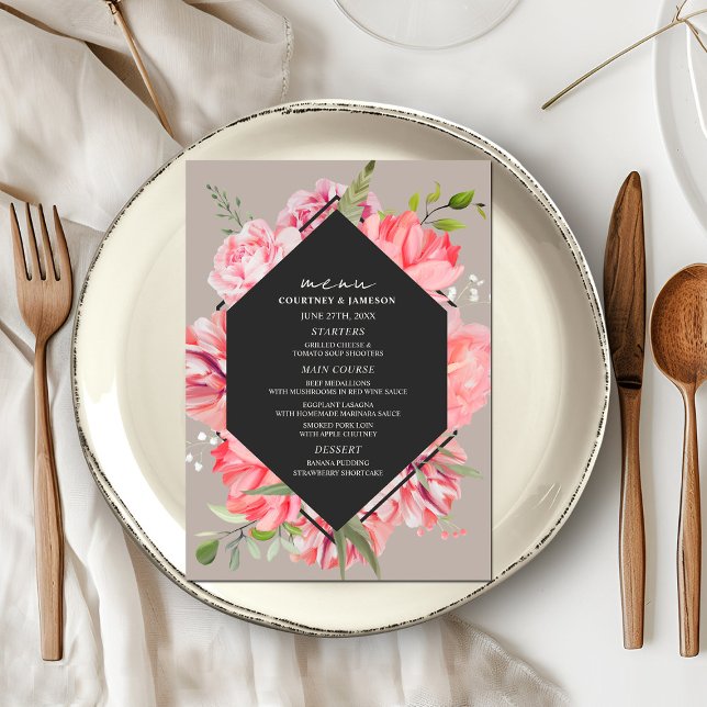 Geometric Pink Floral Grey Wedding Menu (Creator Uploaded)