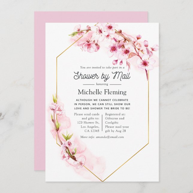 Geometric Pink Floral Spring Bridal Shower by Mail Invitation (Front/Back)