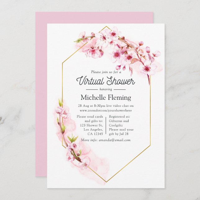 Geometric Pink Floral Spring Virtual Baby Shower Invitation (Front/Back)