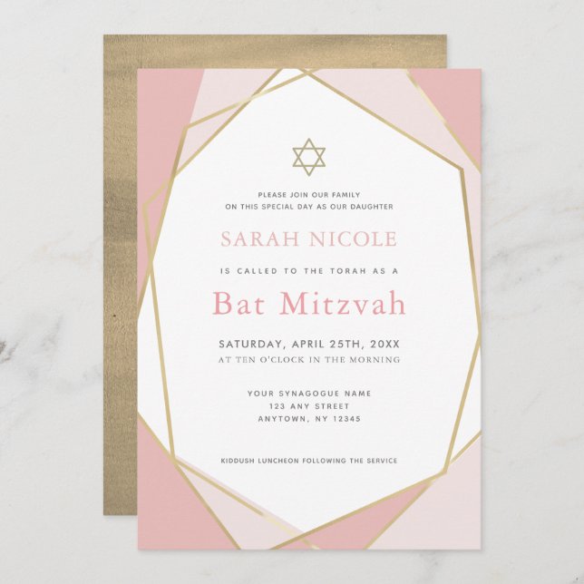 Geometric Pink & Gold Bat Mitzvah Invitation (Front/Back)