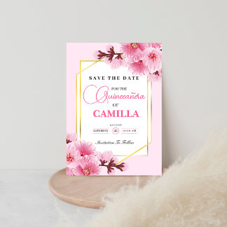 Geometric Pink gold Cherry Blossom Quinceañera Save The Date