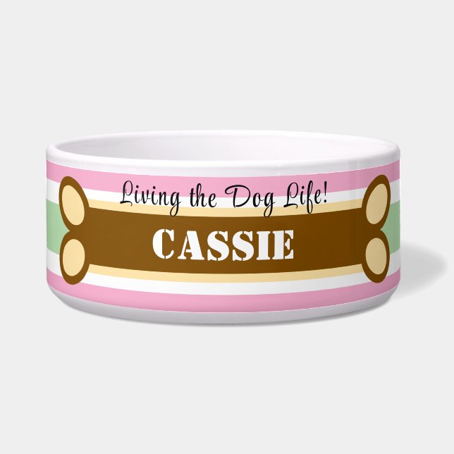 Geometric Pink Green Stripes Dog Bone Name (Front)