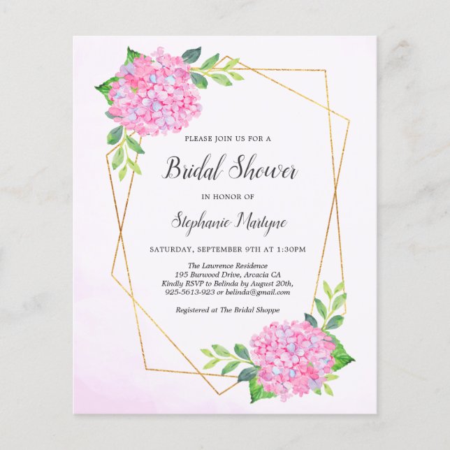 Geometric Pink Hydrangea Bridal Shower Budget (Front)