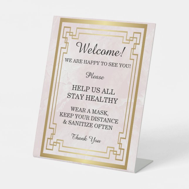 Geometric Pink Marble Wedding Safety Pedestal Sign (Front)