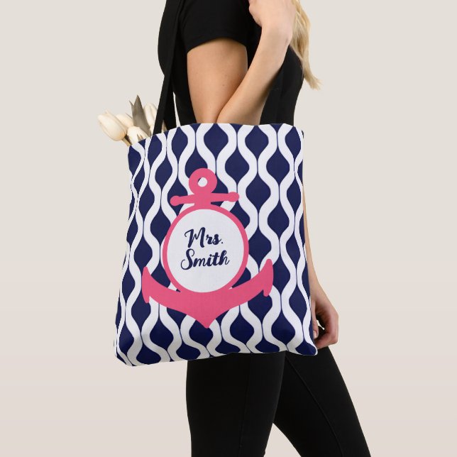 Geometric Pink, Navy Blue Nautical Anchor Teacher  Tote Bag (Close Up)